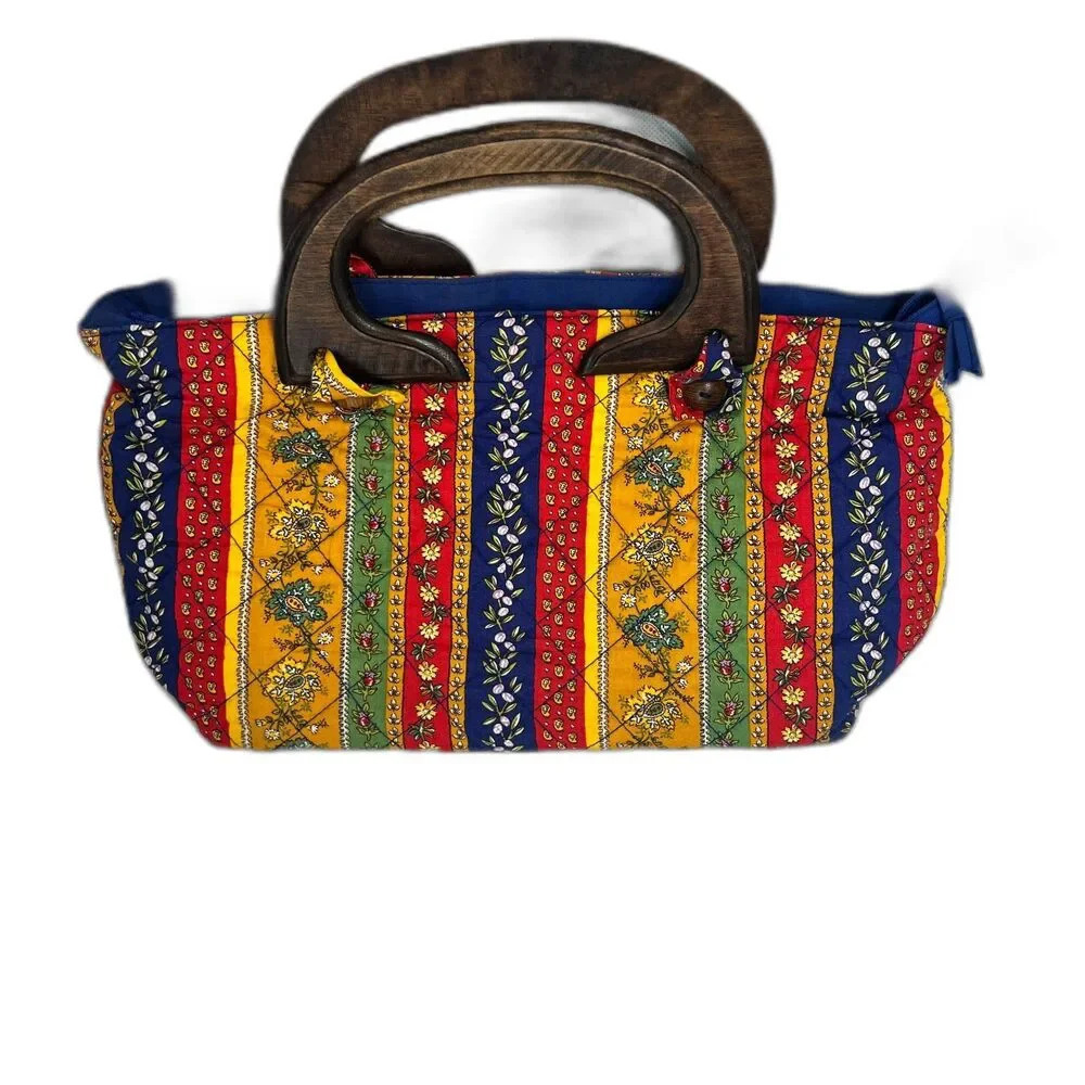 Stashe' Colorful Canvas Mixed Print Wood Handle Bag‎ 15x8